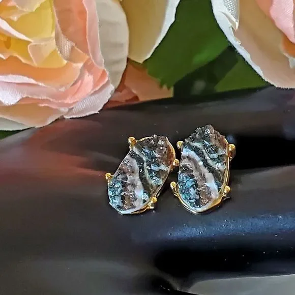 tiny Marble Druzy Stud Earrings - Picture 3 of 9